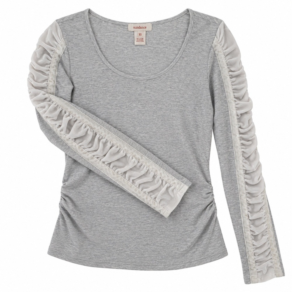 Sundance Top Women XS Gray Long Sleeve Ruched Velvet Trim Ballet Romantic Boho